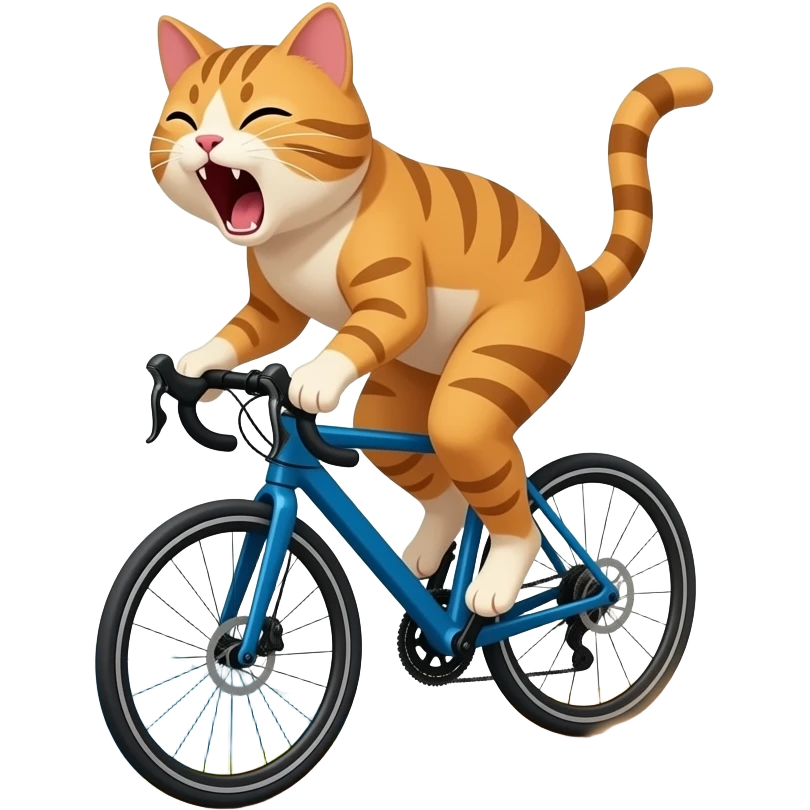 Mountains in background. A pussy Cycling down the Hill. Pussy yells "no breaks".  paws off the pedals as dust spray up behind. keep back ground emoji