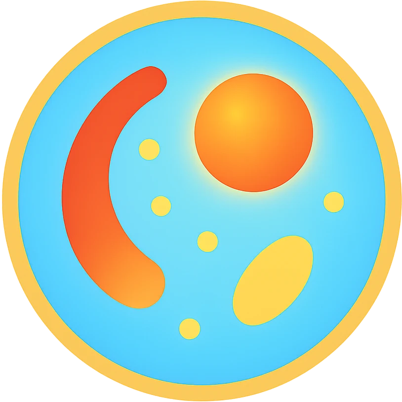 Zelle, deren Inhalt leuchtet in verschiedenen Farben (z. B. blau für Wasser, rot für Proteine, gelb für Lipide). emoji