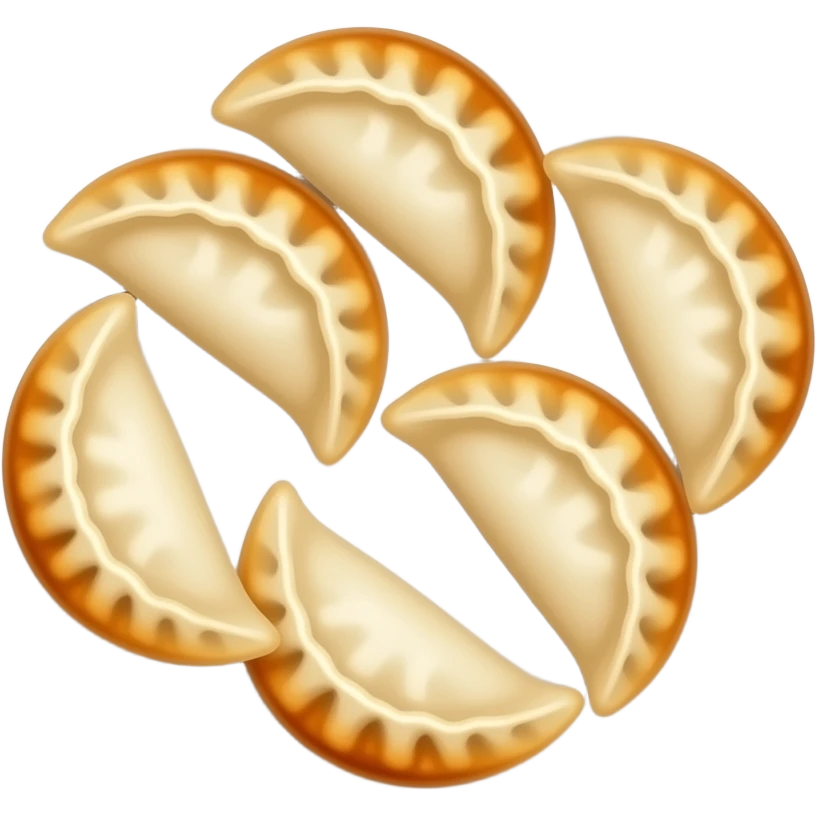 3D emoji style Chinese dumplings on a white plate, 
plump crescent-shaped mandu with pleated tops, 
golden-brown pan-fried bottoms, 
Apple emoji aesthetic, soft highlights, 
transparent background, bold simple shapes emoji
