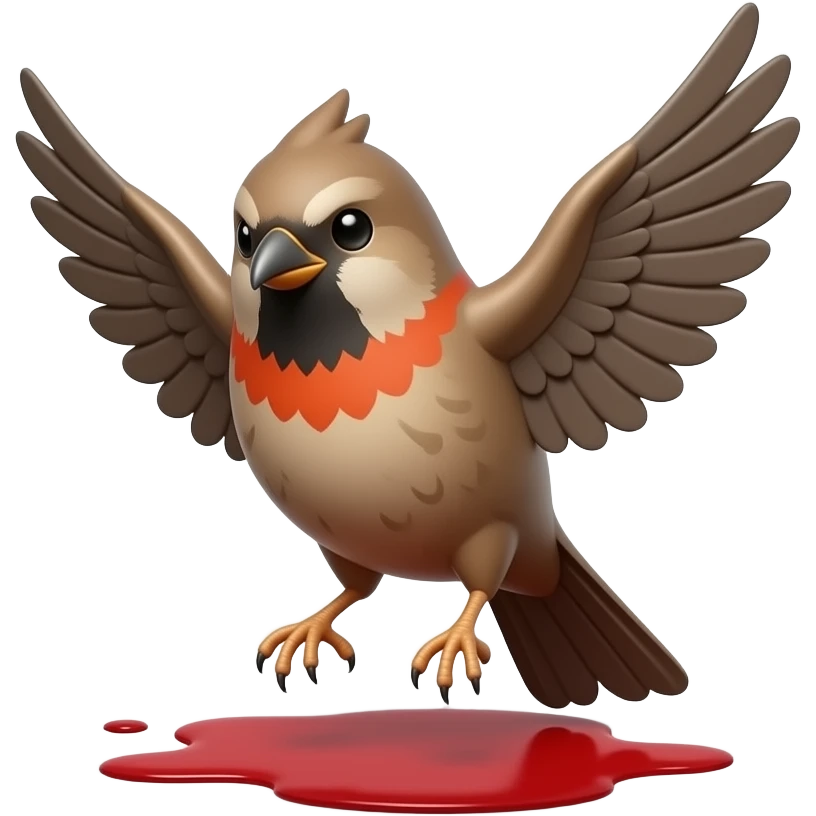 A 3D render iPhone emoji icon of a detailed Brown and red color 3D Render iPhone emoji png of a songbird pinned up with its wings sprawled out and mangled and blood underneath the bird emoji
