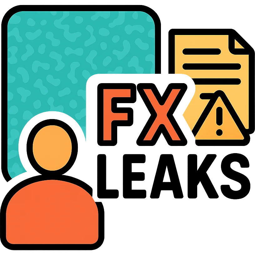 logo with turquoise textured background, left simple masked figure, center bold 'FX LEAKS' with 'FX' highlighted, right document with triangular warning, theme sensitive financial information emoji