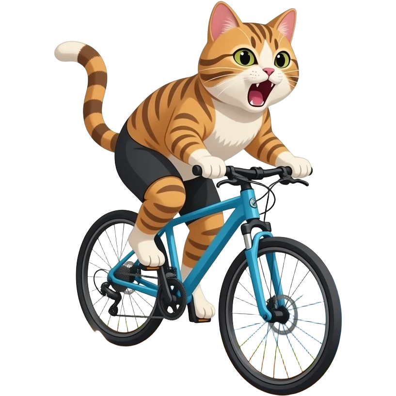 A pussy Cyling down the Hill. Mountains in background, paws off the pedals as dust spray up behind. Pussy yells "no breaks" emoji
