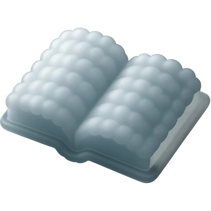 top view of a thick open book made entirely of small, very bright white fluffy convex clouds, matte glass style emoji