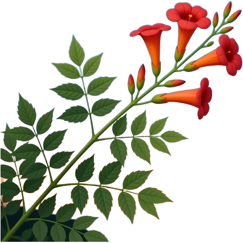 Realistic circular image (no white border): Campsis (tubular red‑orange ...
