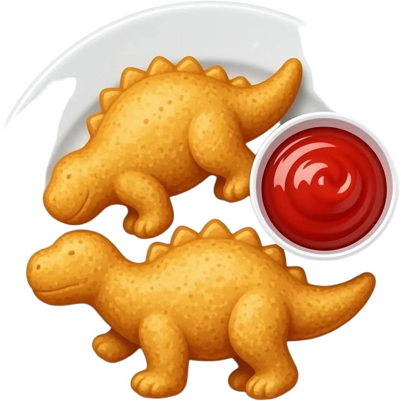 A white circle plate with 3 chicken nuggets shaped like dinosaurs laying flat on the plate and a little cup with ketchup on the side, transparent background emoji