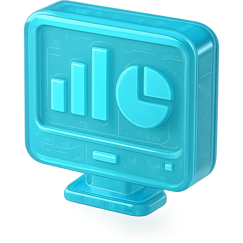 Minimalist icon of a bar chart and pie chart on a digital screen, flat design, , cyan blue emoji