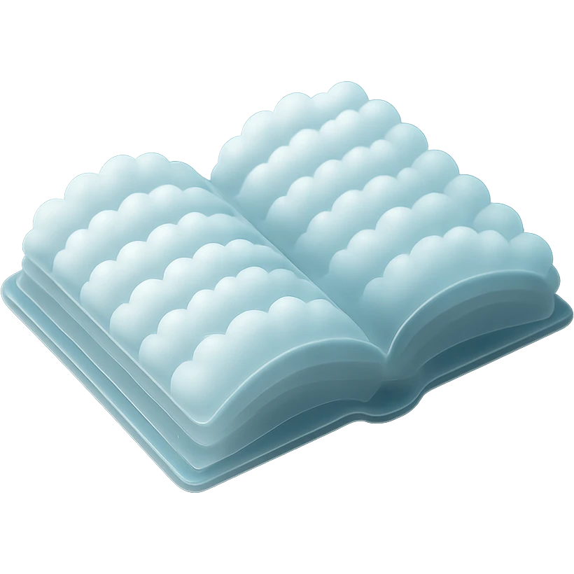top view of a thick open book made entirely of small, very bright white fluffy convex clouds, matte glass style emoji