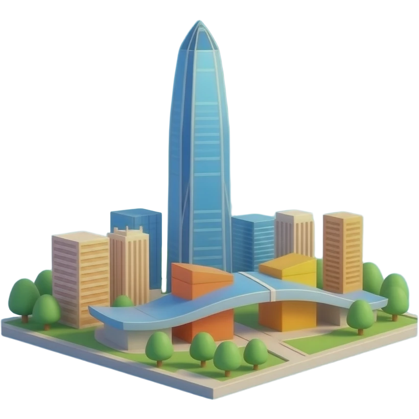 glossy toy-like 3D emoji travel stamp icon of Shenzhen Ping An Finance Center, single sleek faceted glass supertall tower, tiny city base, bright warm colors, centered transparent background, rounded simplified shapes, soft shadow, no text, no logos, no people, no frame, no generic skyline emoji