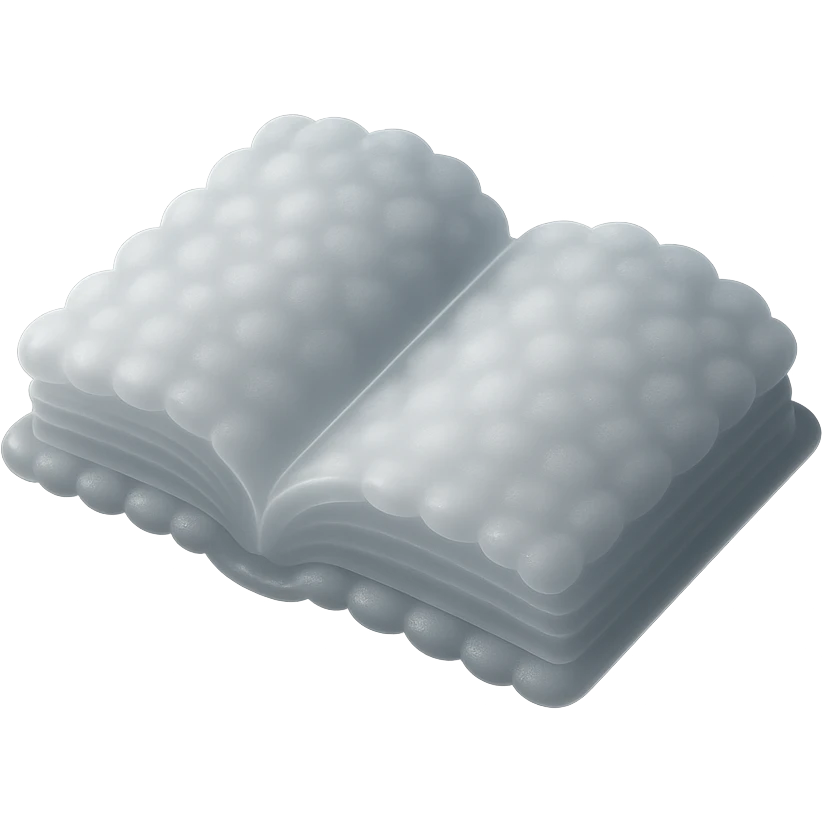 top view of a thick open book made entirely of small, very bright white fluffy convex clouds, matte glass style emoji