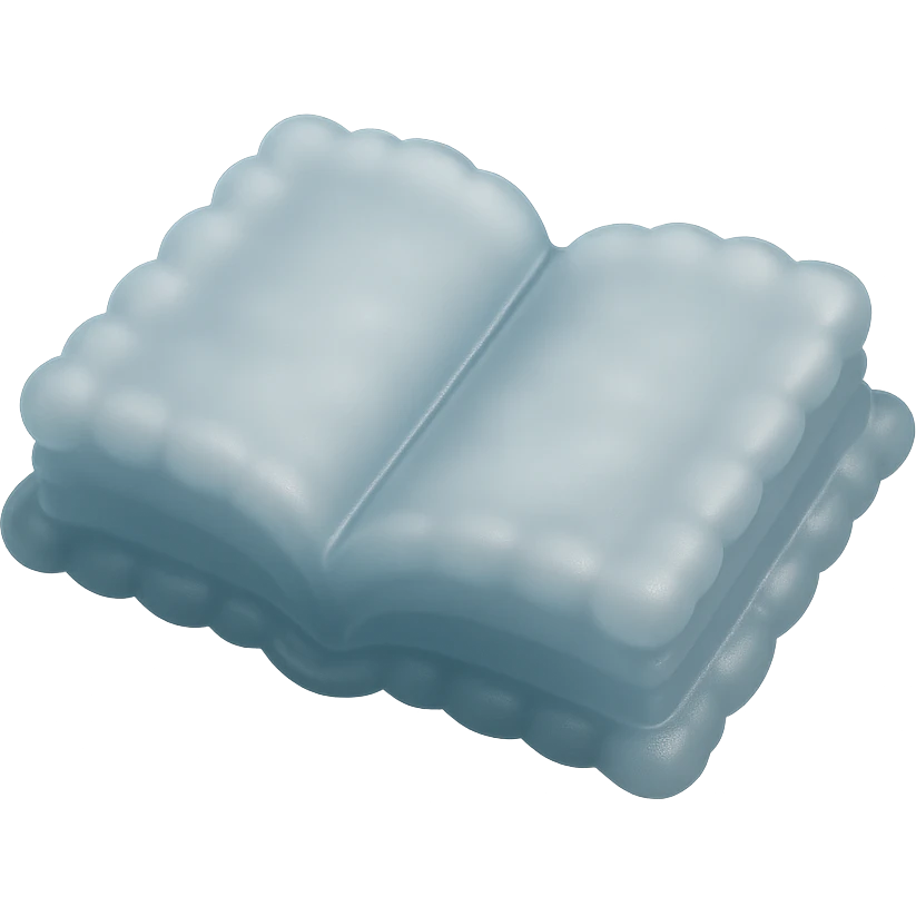 top view of a thick open book made entirely of small, very bright white fluffy convex clouds, matte glass style emoji