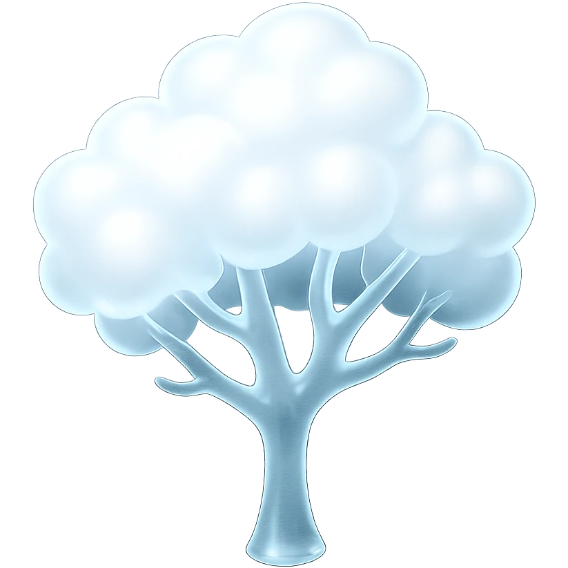one tree with many branches and a white trunk, crown made of small very bright white fluffy convex clouds, matte glass style emoji