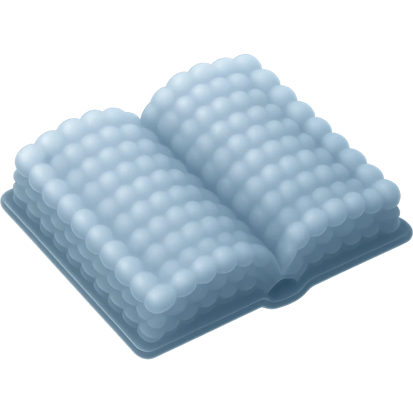 top view of a thick open book made entirely of small, very bright white fluffy convex clouds, matte glass style emoji