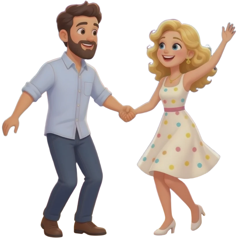 man with his beard and dark hair, and woman with her curly blonde hair, happily dancing together. They are on a crowded dance floor with a live band on a stage in the background and colorful string lights. He wears a button-down shirt and she wears a simple festive dress emoji