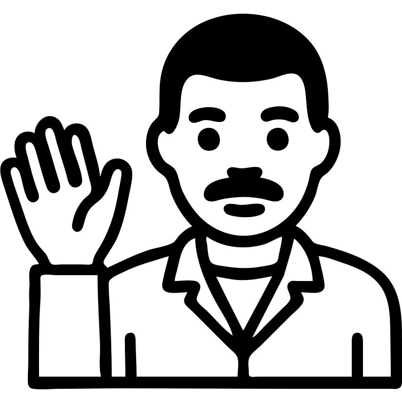 Black man with a mustache waving, wearing a grey jacket, outlined icon style emoji