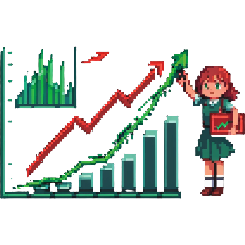 Girl holding chart with rising green graph line in right hand and ...