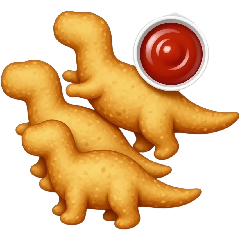 A white circle plate with 3 chicken nuggets shaped like dinosaurs laying flat on the plate and a little cup with ketchup on the side emoji