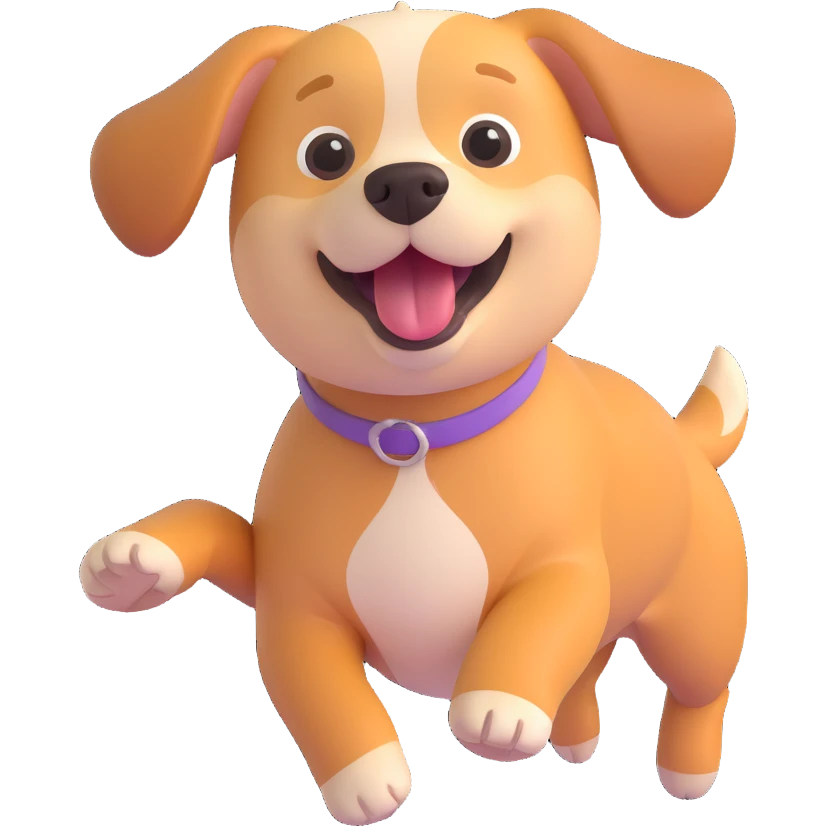 a very cute dog running, 3D emoji style, round features, joyful emoji