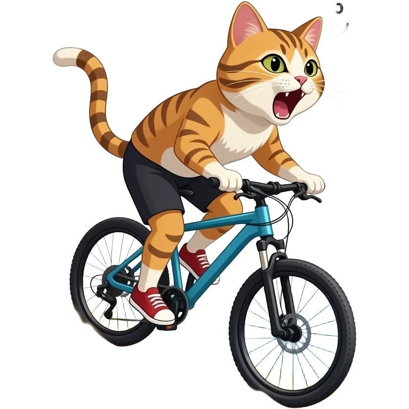 Mountains in background, paws off the pedals as dust spray up behind. A pussy Cyling down the Hill. Pussy yells "no breaks". keep back ground emoji
