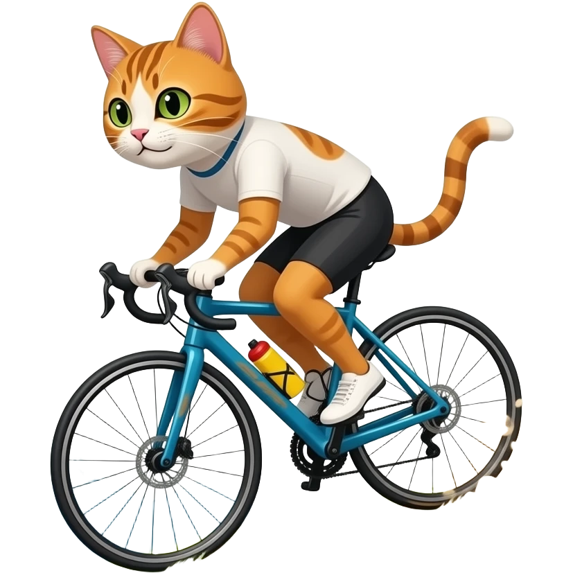 A pussy Cyling down the Hill Mountains in background, paws off the pedals as dust spray up behind cause the breaks are broken emoji