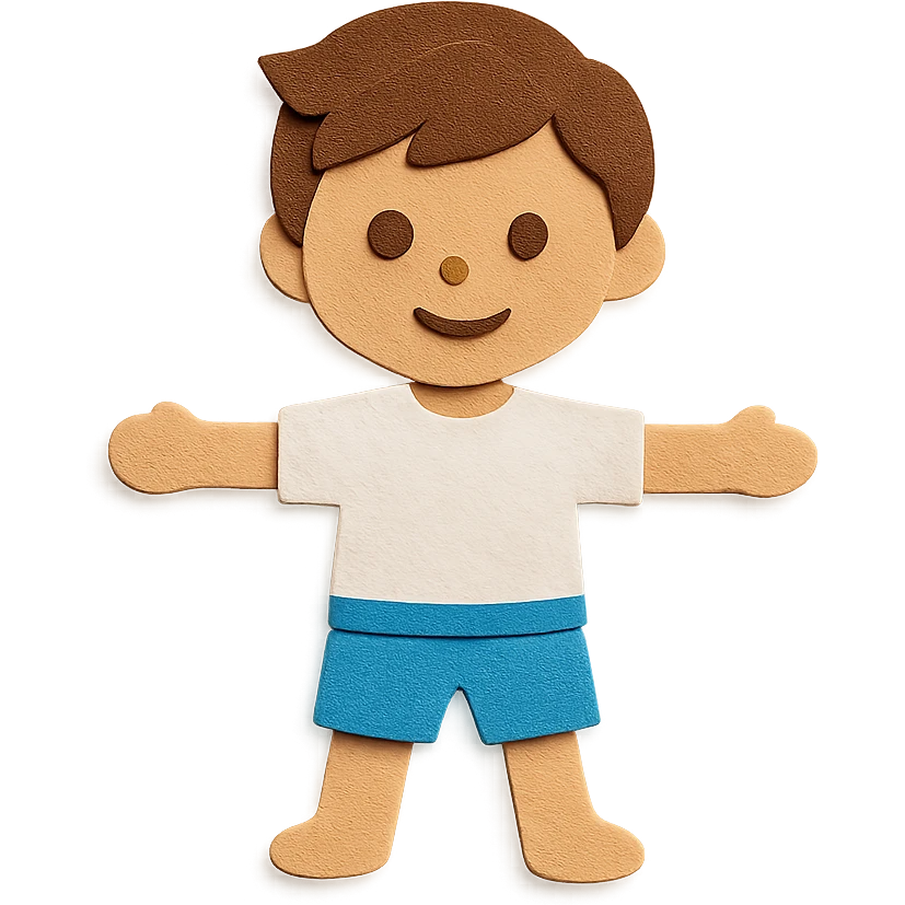 boy with brown hair, white shirt, blue swim shorts emoji