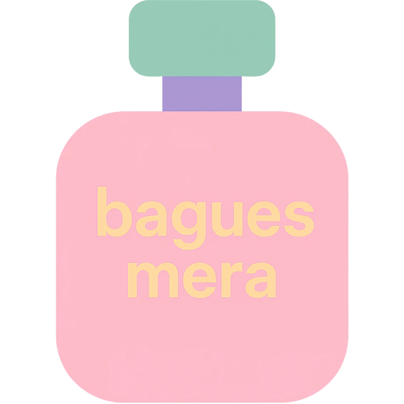pink perfume bottle with the text 'bagues mera', colorful and modern icon style emoji