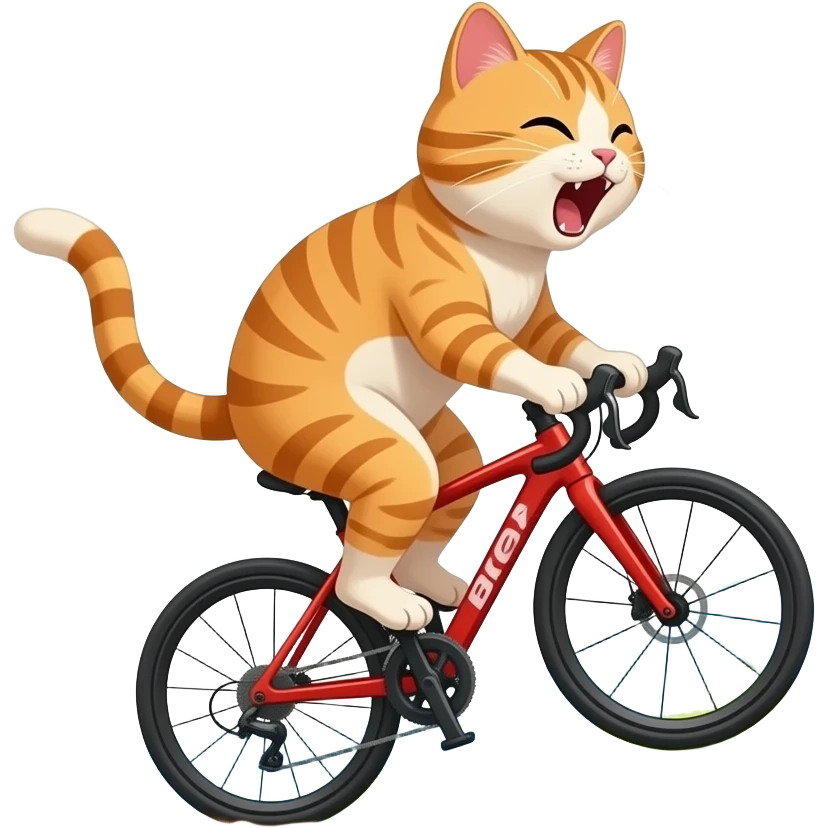 A pussy Cyling down the Hill. Mountains in background, paws off the pedals as dust spray up behind. Pussy yells "no breaks" emoji