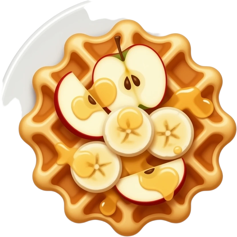 Cute premium casual food icon of a waffle on a clean white plate, golden crispy waffle topped with fresh apple slices and banana slices, appetizing fruit arrangement, glossy syrup-like highlights, vibrant warm colors, soft shading, smooth rounded shapes, top down view, high readability, emoji