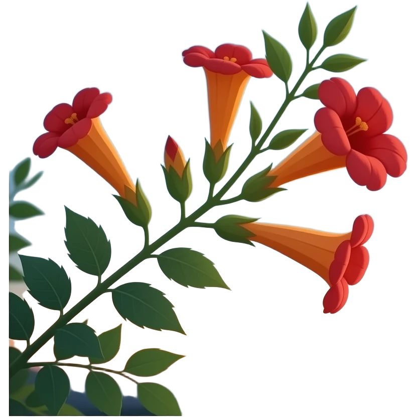 Realistic circular image (no white border): Campsis (tubular red‑orange ...