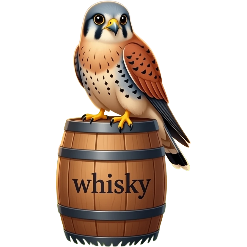 kestrel sitting on a vertically standing whisky barrel. the barrel is clearly stenciled "whisky" and is standing outdoors with a sunrise in the background emoji