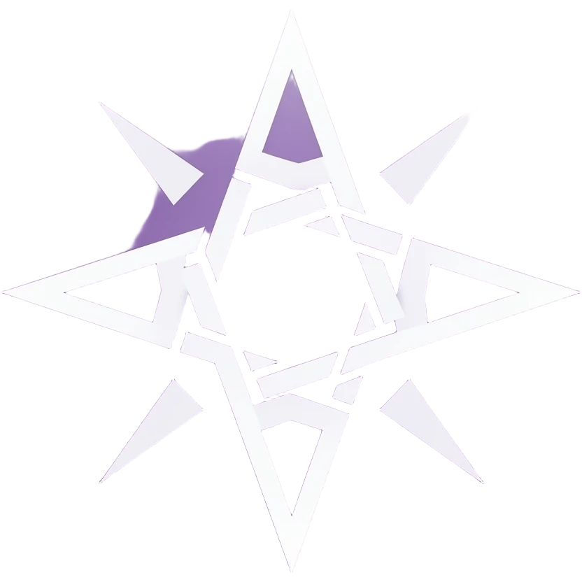 White outline   Scientology Cross, which is a sunburst cross with four main arms and four smaller diagonal rays. purple square background emoji