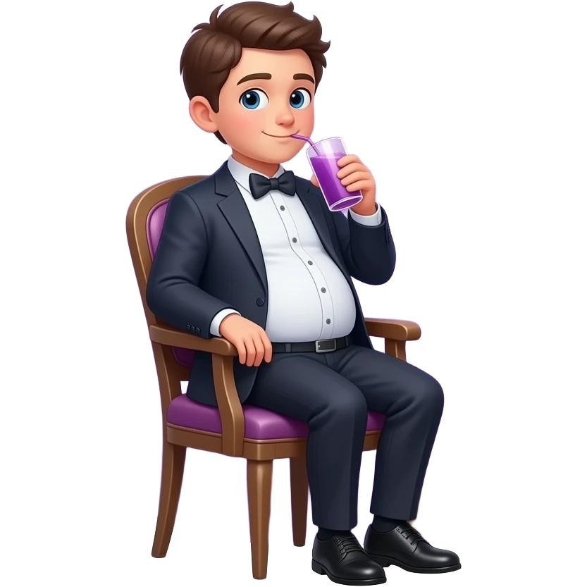 Chłopak ma 14 lat bardzo bardzo ogromnym brzucha brzuch🫄🏼 ma kształt jak ogromna piłka i brzuch jest bardzo twardy i elegancko ubrany i siedzi na krześle i pije 🟣 emoji