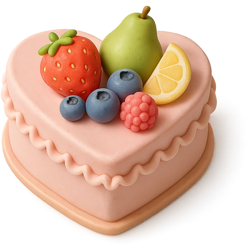 heart-shaped fondant cake with fruit toppings, transparent background emoji