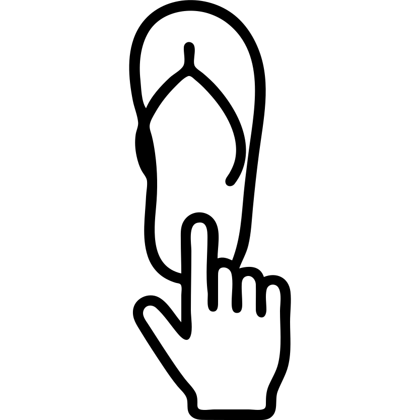 a minimalist black and white icon of a flip-flop with a hand emoji