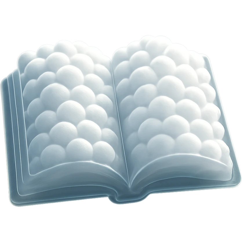 top view of a thick open book made entirely of small, very bright white fluffy convex clouds, matte glass style emoji