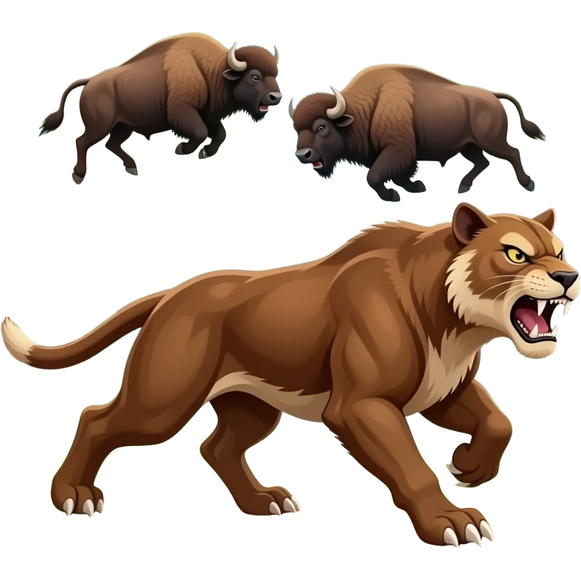 Smilodon angry running in the forest with bison herd chasin it emoji
