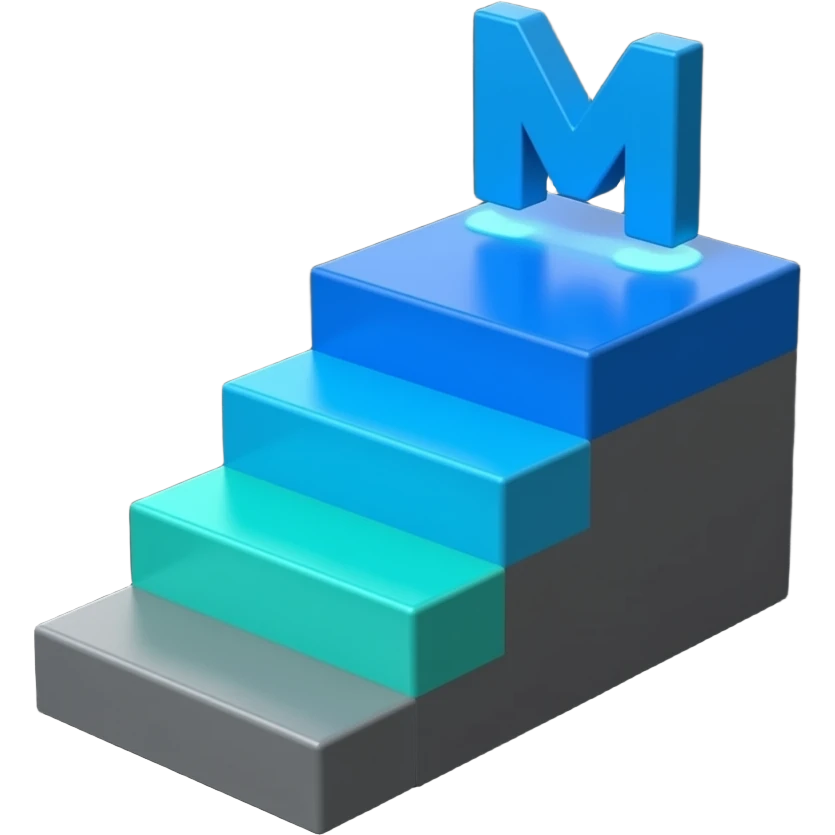 Minimalist 3D hierarchy stairs made of glowing deep blue, teal, and charcoal grey blocks, stacked by decreasing brightness. Above the highest block, a sleek letter 'M' with a bright, cool-white glowing underline. Dark, textured background. Premium, corporate brand identity style emoji