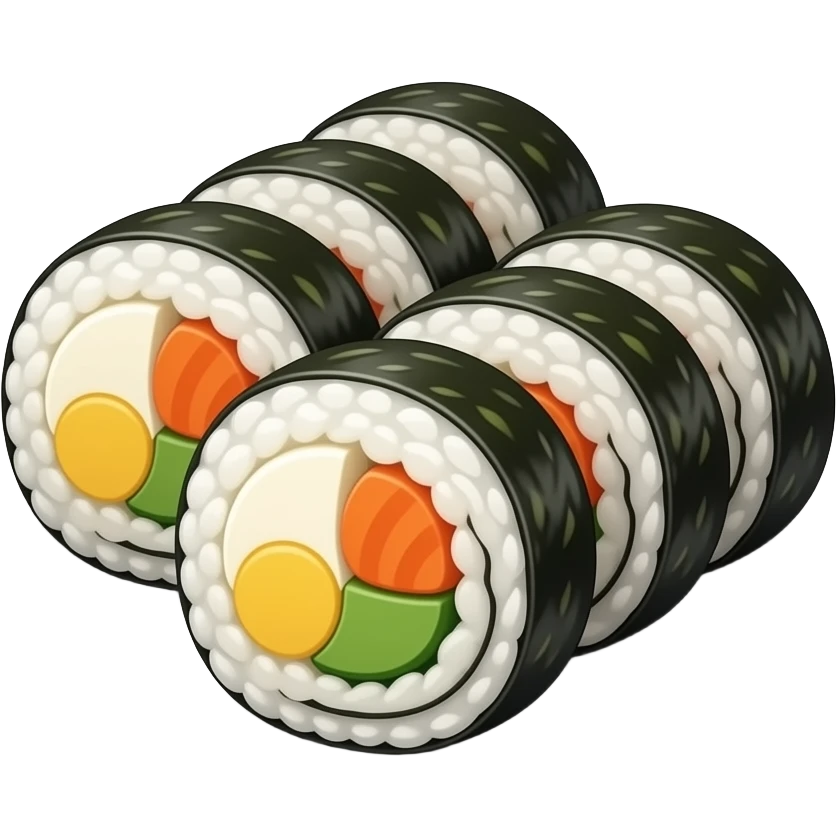 3D emoji style Korean gimbap, round seaweed-wrapped rice rolls 
sliced to show colorful fillings inside (yellow egg, orange carrot, 
green spinach, pink ham), arranged on a white plate, 
Apple emoji aesthetic, soft highlights, 
transparent background, bold simple shapes emoji