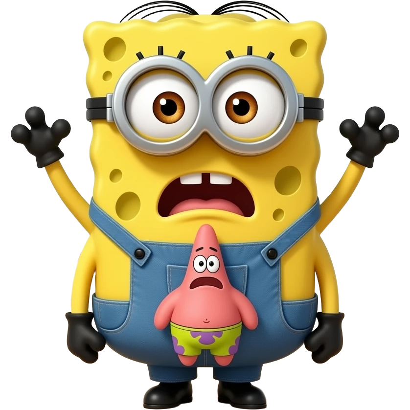 un minion con cara de bob esponja i con calamardo y patricio en su barriga y que la cara del bob esponja de miedo miedo en medio de un desierto con personas raras bailando emoji