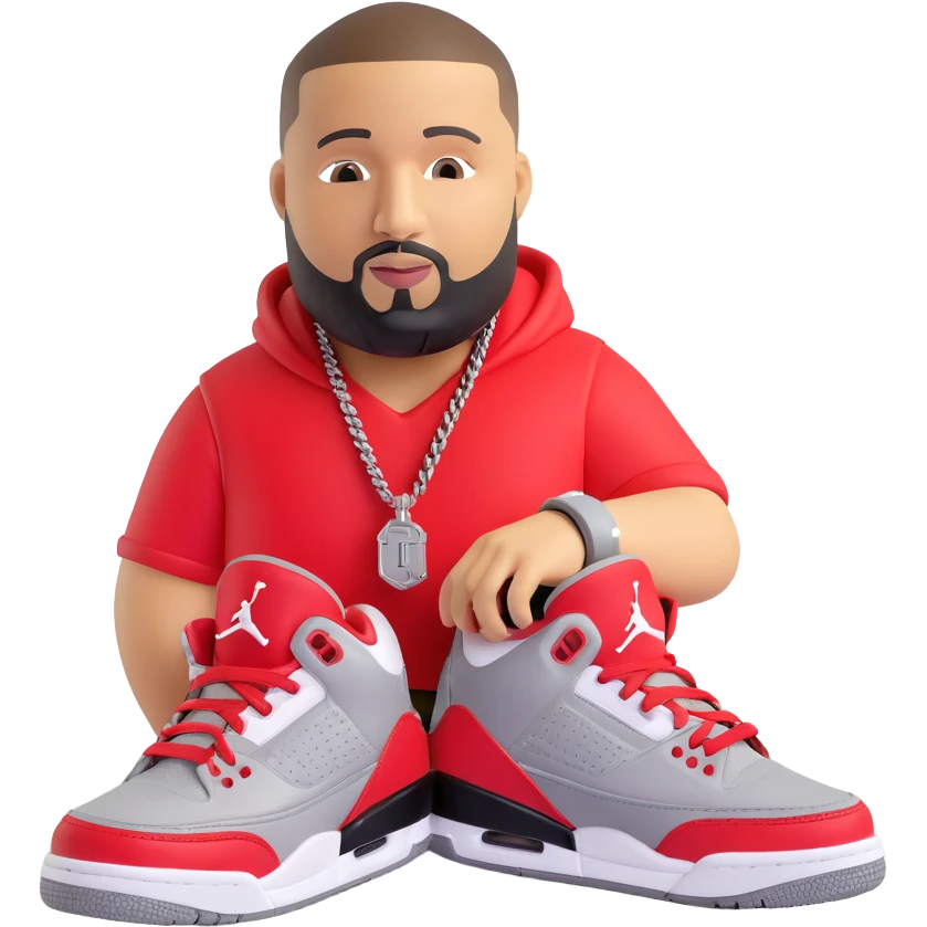 Create a 3D emoji style red DJ Khaled Grateful Air Jordan 3 sneaker in University Red, Black, and Cement Grey colors. The image should show the shoe only, no arms or legs, with detailed 3D rendering including the 'We The Best' tag visible on the shoe. emoji