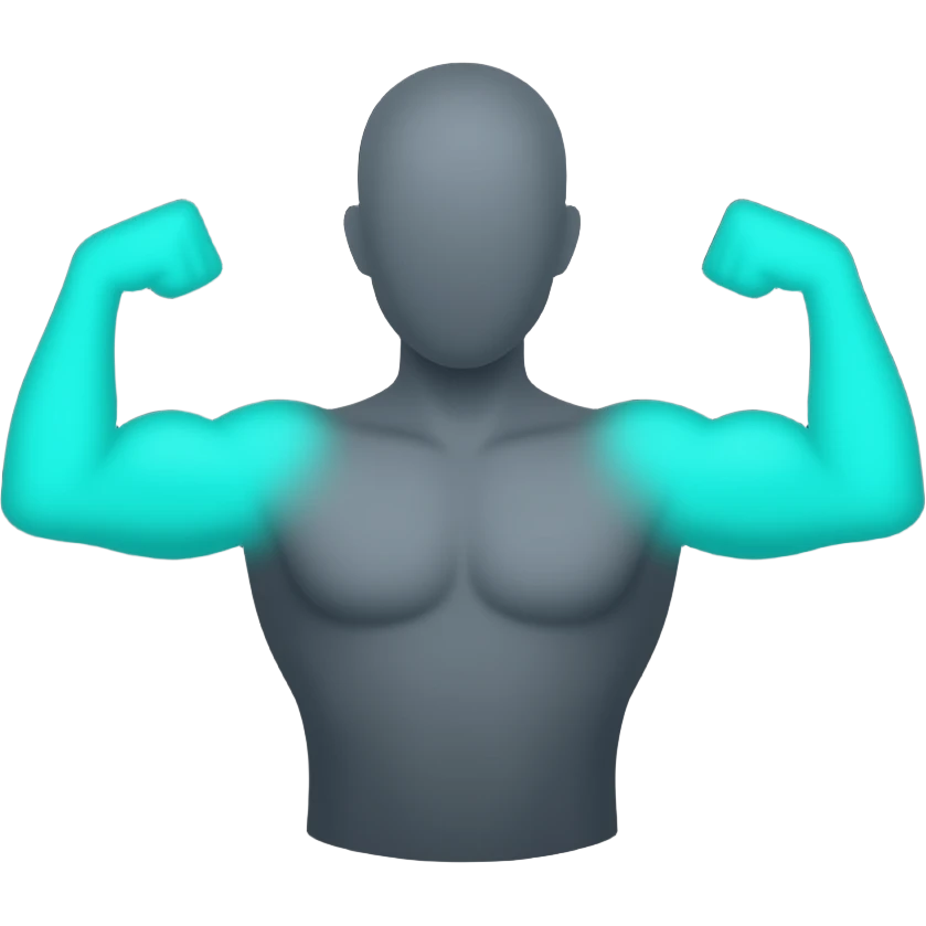 Minimal anatomical icon, dark background, upper body front view in dark grey with arms visible, both biceps muscles highlighted in glowing cyan-teal #00D4B1, flat shading, clean emoji