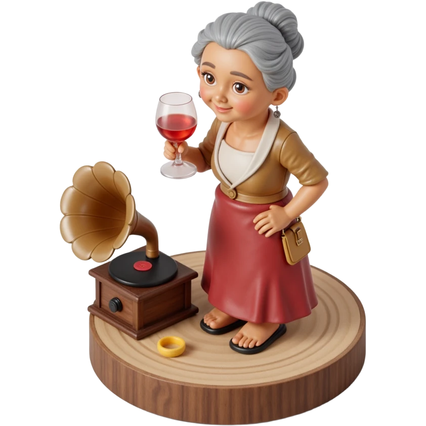 old lady with wineglass listening to gramophone emoji