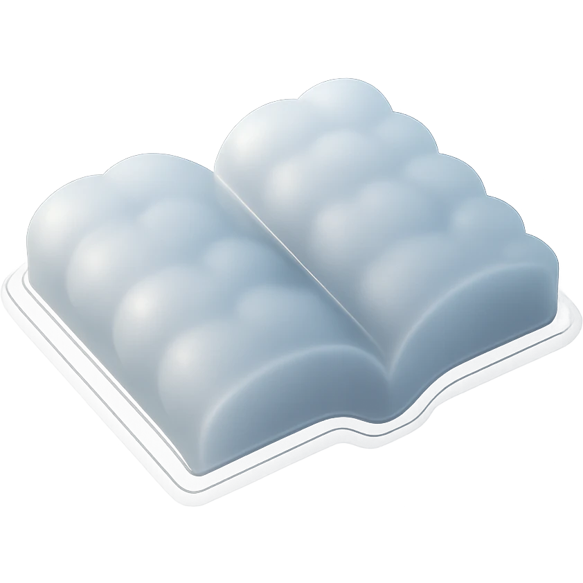 top view of a thick open book made entirely of small, very bright white fluffy convex clouds, matte glass style emoji