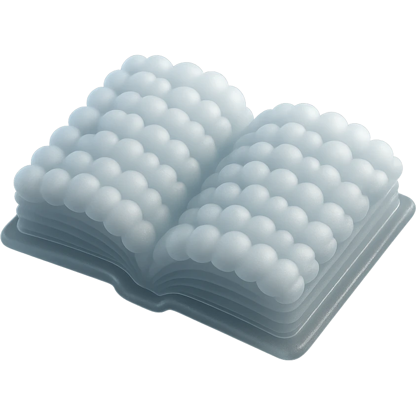 top view of a thick open book made entirely of small, very bright white fluffy convex clouds, matte glass style emoji