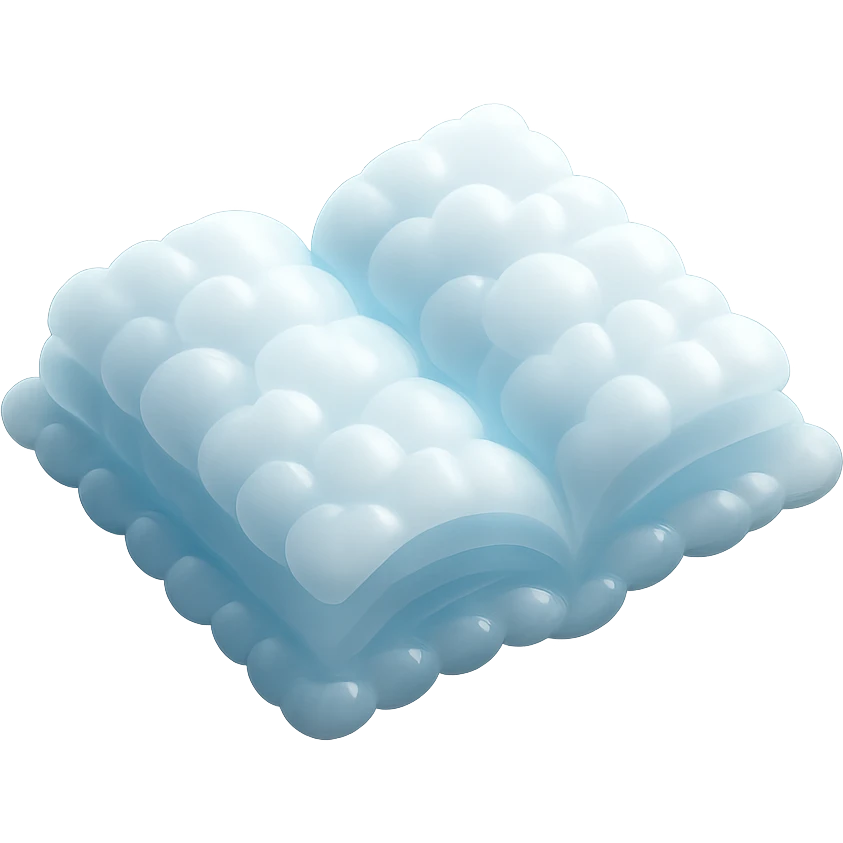 top view of a thick open book made entirely of small, very bright white fluffy convex clouds, matte glass style emoji