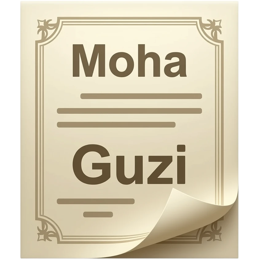 iOS-style emoji sticker of a marriage contract document, simple glossy 3D emoji style, close-up view with large clear readable text showing “Moha” at the top and “Guizi” below, elegant decorative paper, centered, white or transparent background, minimal clean design. emoji