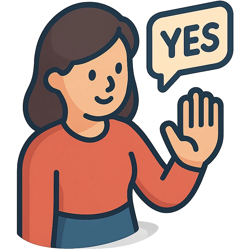 женщина говорит - yes, и делает жест ладонью в знак согласия emoji