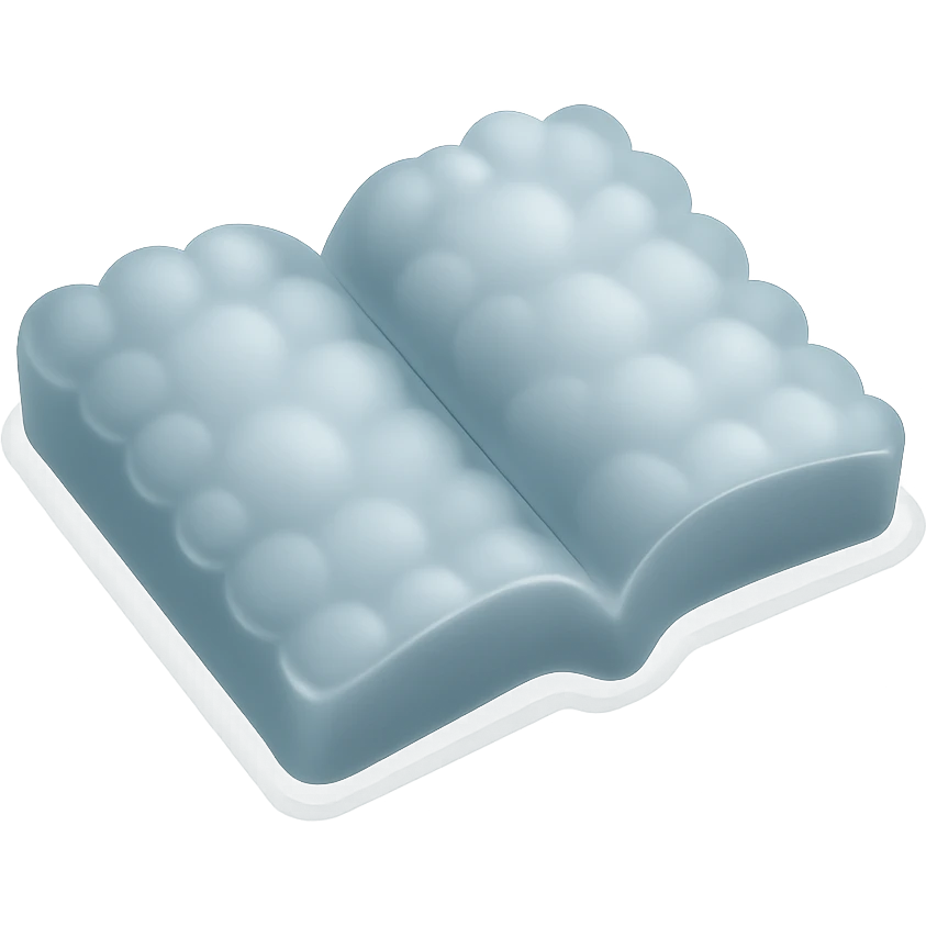 top view of a thick open book made entirely of small, very bright white fluffy convex clouds, matte glass style emoji