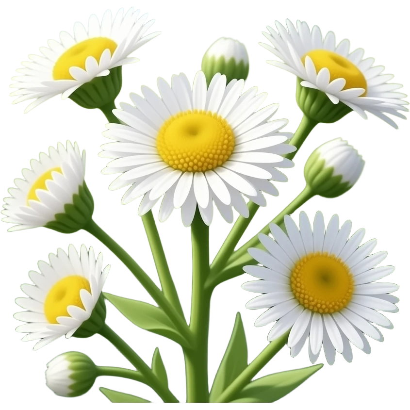 Реалистичные цветки мелколепестника (Erigeron annuus): белые лепестки, жёлтые сердцевины, зелёные стебли; размытый природный фон, мягкий дневной свет emoji