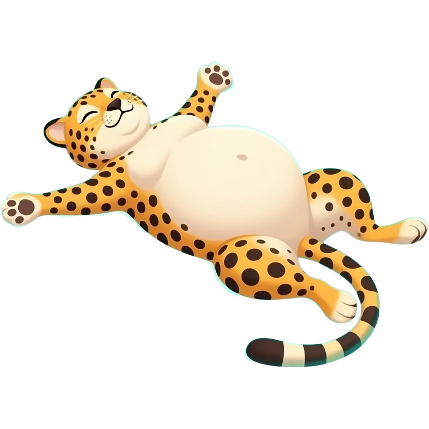 A cheetah enjoys beach holiday in her swimmers,but she is so full from a lunch break that she is about to burst,Then her fat Tummy rolls & drops out,she will just lay on her back in the shallow cool water,her gluttonous belly promotes a good resort business. emoji