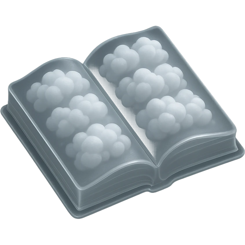 top view of a thick open book made entirely of small, very bright white fluffy convex clouds, matte glass style emoji